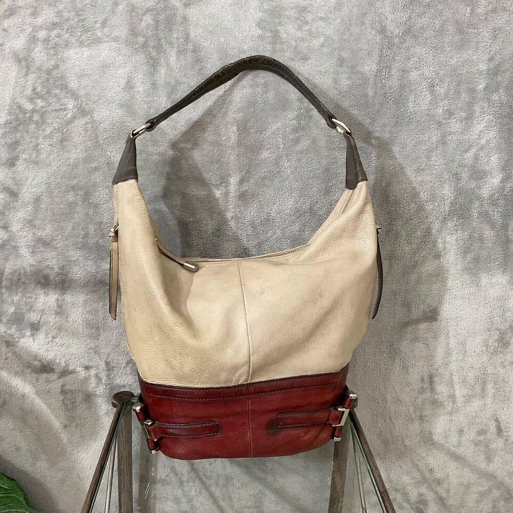 B. Makowsky Women’s Two tone  Leather Hobo Purse Shoulder Bag multiple Zippers.